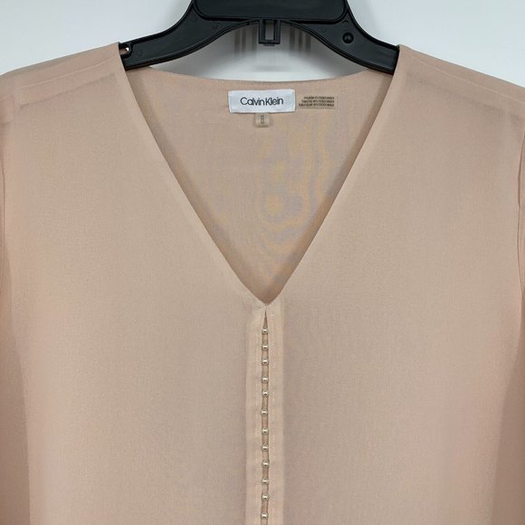 Calvin Klein Top Pink Pearl Embellished V Neck Bell Sleeve - Picture 3 of 11